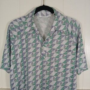 Lilly Dache Polo Shirt Mens M Blue Green Geometric Triangle‎ Vintage 70s USA HH